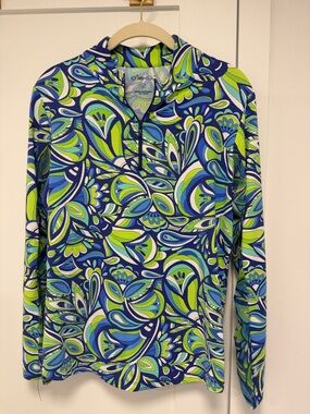 IBKUL Blue Green White Printed Zip-Front Golf Top